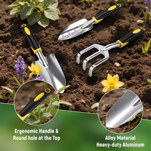 Miniatura 6 de Juego de herramientas de jardín, 3 piezas de aluminio resistente para jardinería que incluye pala de mano, pala de trasplante y rastrillo de mano