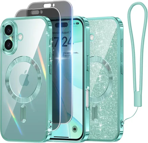 Miniatura 31 de Meifigno Candy Mag Series - Funda diseñada para iPhone 15 Pro, compatible con MagSafe, tarjeta con purpurina y correa de muñeca, protección completa