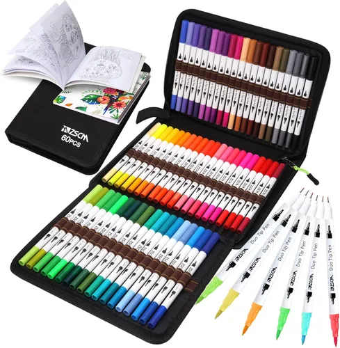ZSCM - Juego de rotuladores de doble punta, 60 colores, punta fina y punta de pincel, bolígrafo doble de color para niños, adultos, libros de
