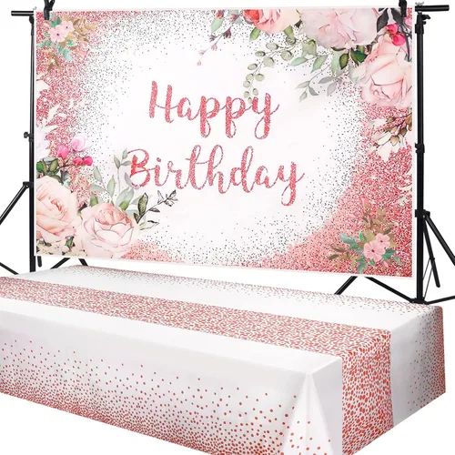 Breling 2 pancartas y mantel de fondo rosa de feliz cumpleaños para mujeres, decoraciones de fiesta de cumpleaños de color oro rosa, cubierta de