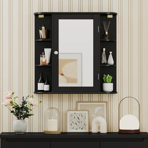 Miniatura 9 de Giantex Armario con espejo de baño, botiquín montado en la pared con puerta de espejo y 4 estantes interiores, 6 estantes abiertos, accesorios