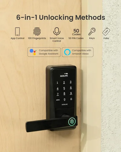 Miniatura 2 de DESLOC Cerradura inteligente D120L con asa, cerradura de teclado WiFi integrada para puerta interior, entrada sin llave 0.5S con mango de huellas