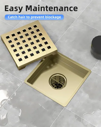 Miniatura 5 de Drenaje de ducha dorado de 4 pulgadas, moderno drenaje de ducha cuadrado de acero inoxidable 304 para baño, drenaje de suelo de ducha dorado
