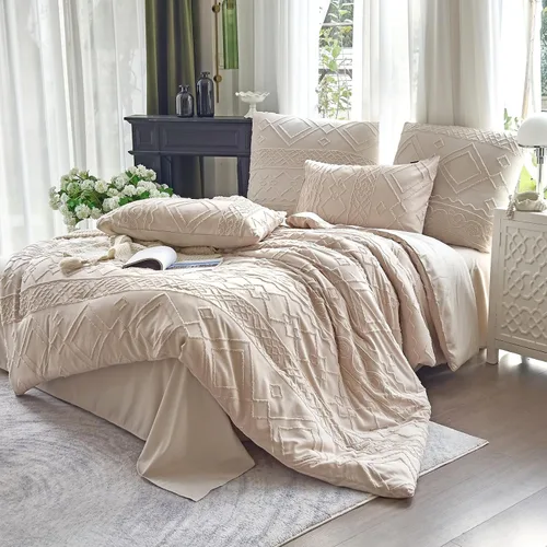 Miniatura 3 de Edredón con Mechones Tamaño King Juego de 3 Piezas Beige Boho Decoración de Dormitorio Estilo Granja para Todas las Estaciones Edredón Tamaño King