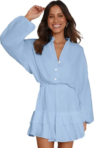Miniatura 5 de OPOIPIN Minivestido de manga larga con cuello en V y volantes en capas para mujer