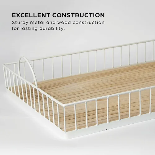 Miniatura 3 de Bandeja rectangular de madera para servir con marco de alambre, asas de metal, decorativa para mesa de café de comida, centro de mesa rústico