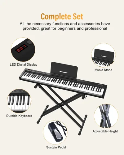 Miniatura 6 de KONIX Piano digital de 88 teclas, tamaño completo, juego de teclado electrónico semipesado con soporte, altavoces integrados, pedal