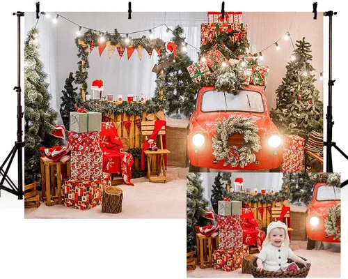 MEHOFOND Árbol de Navidad de invierno de 8 x 6 pies, regalo de automóvil rojo, guirnalda de pino verde claro, guirnalda de pino verde claro,