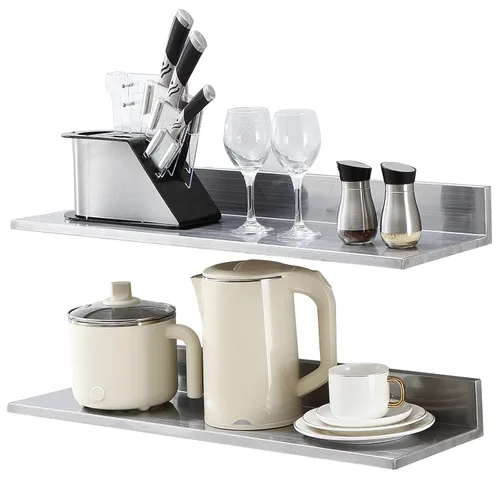 Miniatura 10 de VEVOR Estante de pared de acero inoxidable, 8.6 x 16 pulgadas, paquete de 2 con protector contra salpicaduras, soporta 44 libras, ideal para cocina