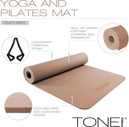 Miniatura 4 de TONE Fitness Esterilla de yoga antideslizante de 1/4 pulgadas de grosor para ejercicios y pilates para entrenamientos en casa con correa de Gris