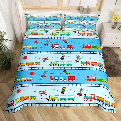 Miniatura 10 de Erosebridal Juego de funda de edredón de tren de dibujos animados para niños, color rojo y azul, funda de edredón de vehículos para niños