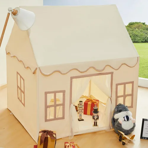 Miniatura 9 de Tienda de campaña grande para niños con luces de estrellas, banderas y bolsas de mano, tienda de campaña para niños en interiores y exteriores, Crema