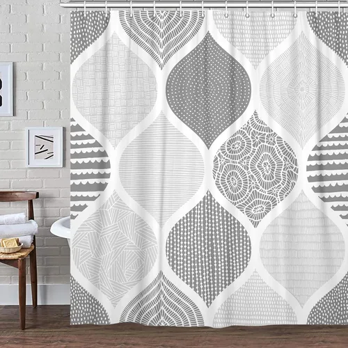 Miniatura 2 de JAWO Cortina de ducha gris retro bohemia de tela geométrica para decoración de baño, estilo bohemio, moderno, abstracto, cachemira, accesorios