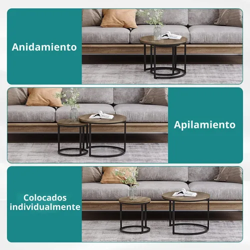 Miniatura 5 de Smuxee - Juego de 2 mesas de café anidadas, mesa de centro redonda de 23.6" con tapa de grano de madera y pies ajustables antideslizantes, mesa Roble