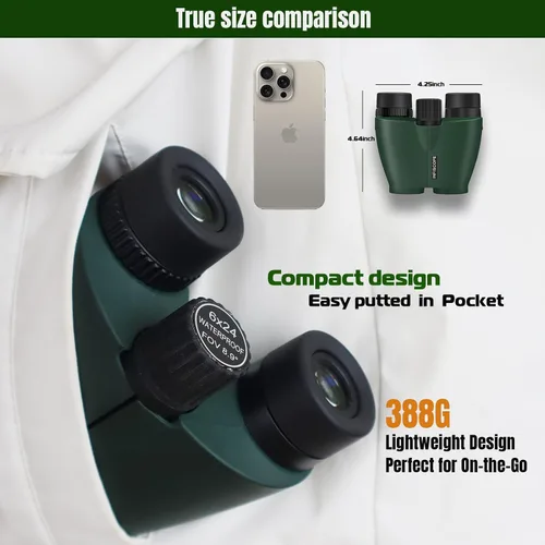 Miniatura 6 de Binoculares compactos HD de 6 x 24, enfoque cercano de 1.6 ft, impermeables, a prueba de niebla, IPX7, prismáticos BAK-4 para observación de aves