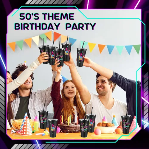 Miniatura 6 de Uiifan 16 piezas de decoraciones de fiesta de los años 50, tazas reutilizables de los años 50 con tapas y pajitas, suministros de Rock Sock Hop