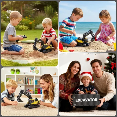 Miniatura 6 de kolegend Excavadora de juguete con control remoto para niños, 2 baterías, excavadora de control remoto a escala 1/20 con pala de aleación, cabina