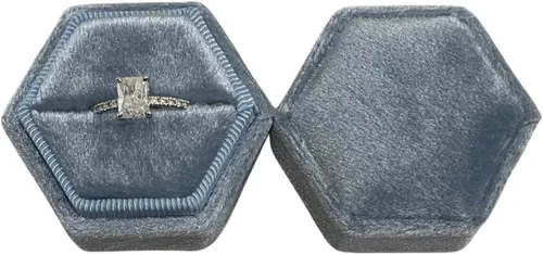 Miniatura 3 de Caja de anillo hexagonal de terciopelo, 1 ranura para compromiso y ceremonia de boda, exhibición plana y almacenamiento (azul claro)
