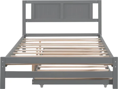 Miniatura 5 de Harper & Bright Designs Base de cama de tamaño matrimonial con nido ajustable, cama de plataforma matrimonial de madera con cabecero, marco de cama