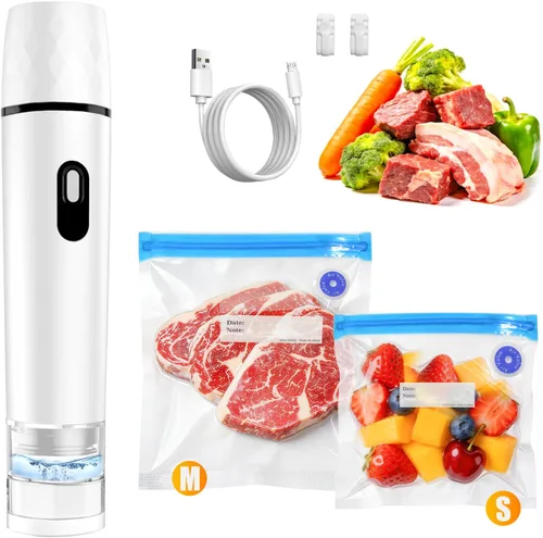 Miniatura 10 de Sellador al vacío compacto para alimentos, máquina selladora al vacío + 30 bolsas de vacío reutilizables, potente sellador de alimentos al vacío