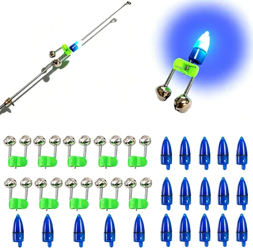 Campanas de pesca con luces, 20 unidades, luces LED de pesca nocturna, 10 piezas de caña de pescar, campana de alarma de cebo, accesorios de pesca