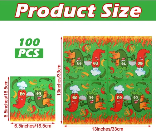 Miniatura 2 de Qilery 100 servilletas de papel desechables con chile para cocinar, decoración de fiesta mexicana de Cinco de Mayo, 6.5 pulgadas (cota)