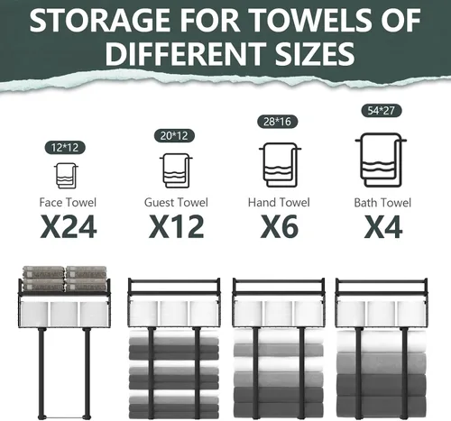 Miniatura 6 de Xstydes Toalleros para baño, toallero de metal con cesta de almacenamiento, toallero de pared para toallas enrolladas, almacenamiento de toallas