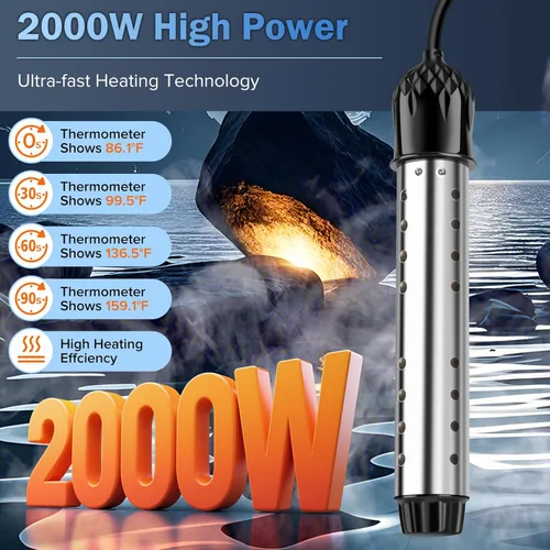 Miniatura 2 de Calentador de agua portátil de 2000 W, calentador de piscina - Calentador de inmersión con termómetro digital, calentamiento de óxido de magnesio