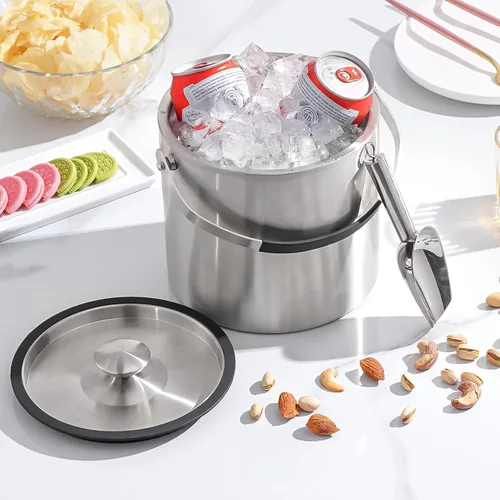 Miniatura 6 de Cubo de hielo de acero inoxidable de doble pared de 3.2L con tapa, cuchara, cubo de hielo aislado actualizado para bar de cócteles y fiestas Plateado