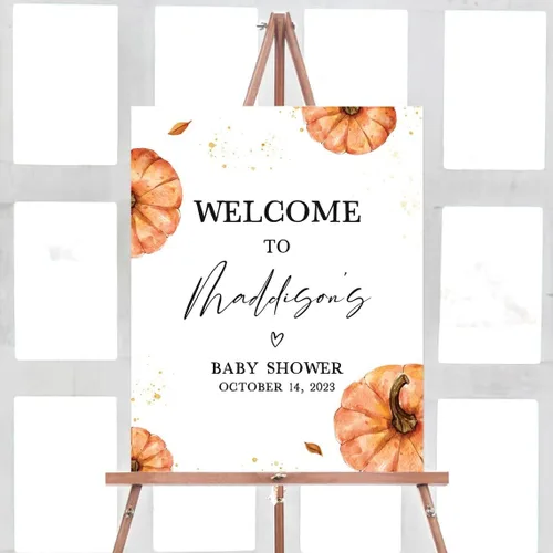 Miniatura 7 de Cartel de bienvenida de baby shower, cartel de bienvenida editable con texto en inglés "It's a Girl Woodland", letrero de bienvenida de baby shower