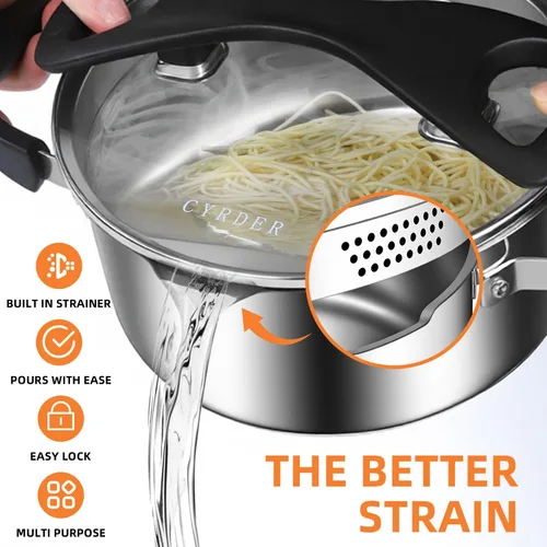 Miniatura 3 de Olla de pasta de acero inoxidable con colador, fácil de manchar y perfecta para solteros y parejas, apta para lavavajillas, 3 cuartos de galón
