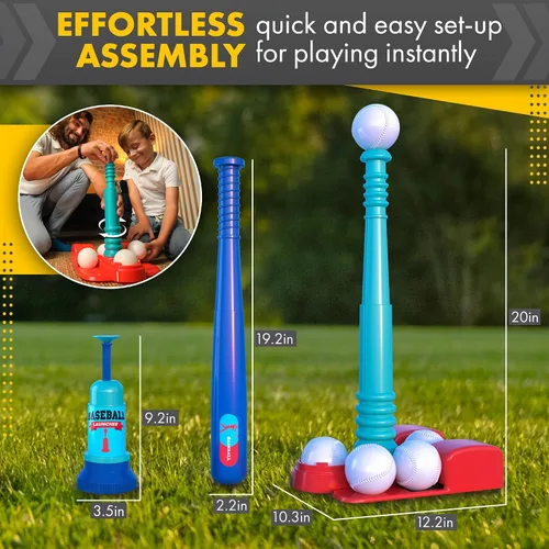 Miniatura 5 de TOMLEON Soporte de T-Ball para niños y niñas de 1-3, 3-5, 5-8 años. Set de béisbol con 6 pelotas grandes, camiseta de bateo T-ball ajustable