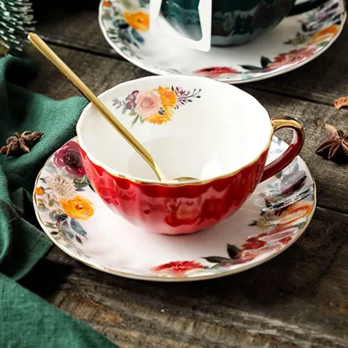 Miniatura 9 de JOYOFUN Taza y Platillo de Té Verde, Taza de Café de Porcelana con Diseño Floral Forrado de Cerámica Real con Ribete Dorado y Cuchara, Taza