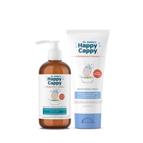 Happy Cappy Paquete de champú medicado y gel de baño y crema hidratante – Champú para caspa de bebé, loción para eccema para niños, ayuda a la cuna