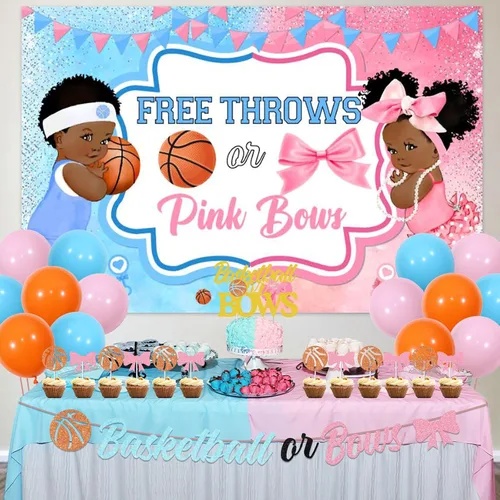 Miniatura 3 de Decoraciones de baloncesto o moños para revelación de género – telón de fondo de mantas gratis o lazos rosados, pancarta, decoración de pastel
