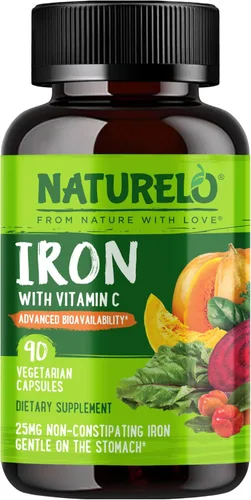 NATURELO Suplemento de hierro vegano con vitamina C y alimentos integrales orgánicos, píldoras de hierro suaves para mujeres y hombres con