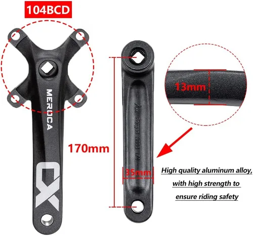 Miniatura 3 de Cyclon Single Speed Square Taper Crankset, 170mm Mountain Bike Crankset with 104BCD 32T/34T/36T/38T/40T/42T Narrow Wide Tooth Round Black Chainring