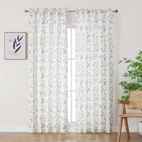 Miniatura 12 de Chyhomenyc Cortinas de mezcla de lino de 63 pulgadas de largo, 2 paneles de cortina con estampado floral filtrante de luz para sala de estar