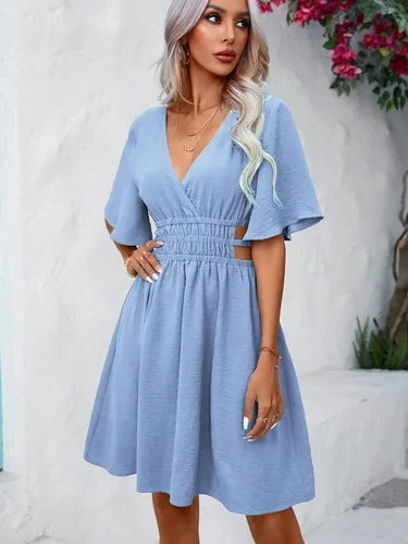 Miniatura 3 de Milumia Vestido corto acampanado con cuello en V y mangas de mariposa para mujer
