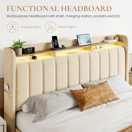 Miniatura 4 de SHA CERLIN Base de cama de plataforma de tamaño matrimonial con cabecera de canal vertical copetuda y 2 cajones de almacenamiento, estantes de 2