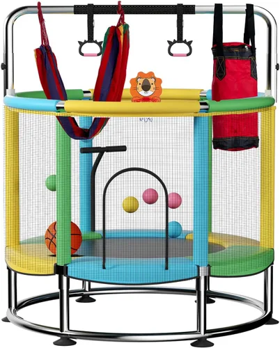 Trampolín de 55 pulgadas para niños, de hasta 440 libras con fondo redondo antivuelco, trampolín para interiores y exteriores con recinto de