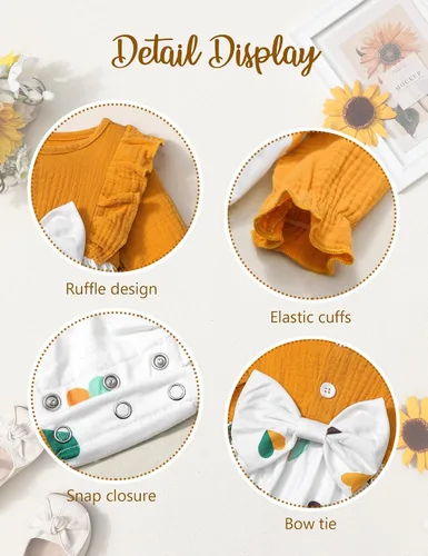 Miniatura 5 de Ropa de bebé niña con volantes de manga larga de algodón y lino con botón + diadema 2 piezas de otoño para bebé niña