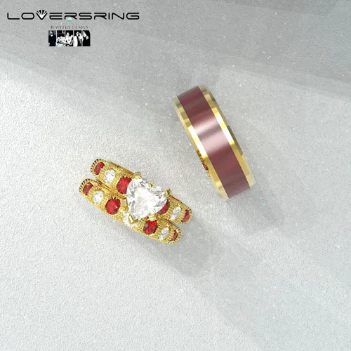 Miniatura 46 de Conjunto de dos anillos de boda para él y para ella, anillos para parejas. Anillos de compromiso para novia en acero inoxidable chapado en oro Blanco