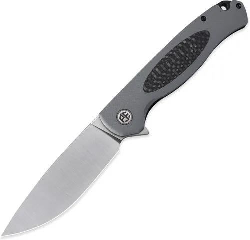 Petrified fish PFB03 - Cuchillo de bolsillo para sellos, hoja de satén D2 de 3.58 pulgadas, cuchillo plegable con mango G10 de 4.79 onzas (gris y