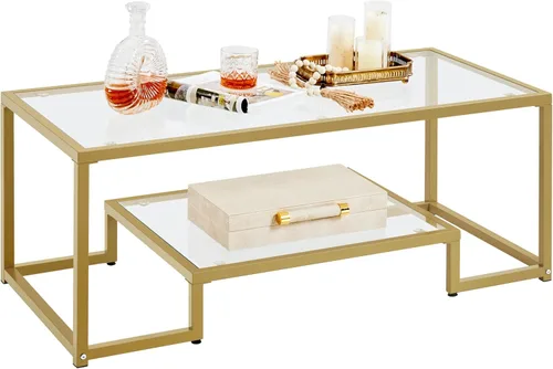 Yaheetech Mesa de Café Dorada, Mesa de Centro de Vidrio Rectangular de 42" para Sala de Estar, Mesas de Té de 2 Niveles con Marco de Metal para