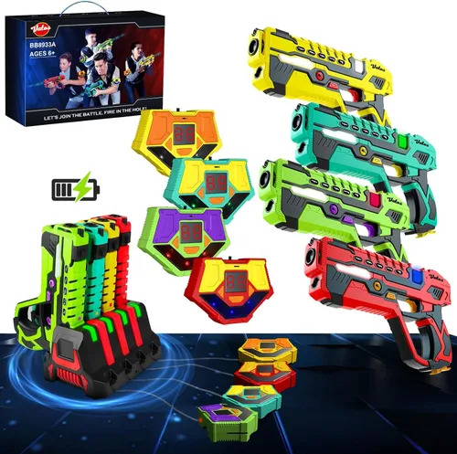 VATOS Juego de pistolas Laser Tag recargables – Laser Tag 4 jugadores con receptores, juego láser con pantalla de sincronización de datos de 2.4
