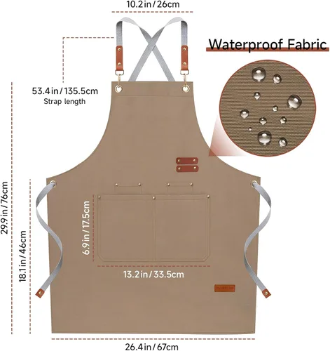 Miniatura 3 de Delantales de chef para hombres y mujeres con bolsillos grandes, lona de algodón, espalda cruzada, ajustable, para cocinar, trabajo, impermeable