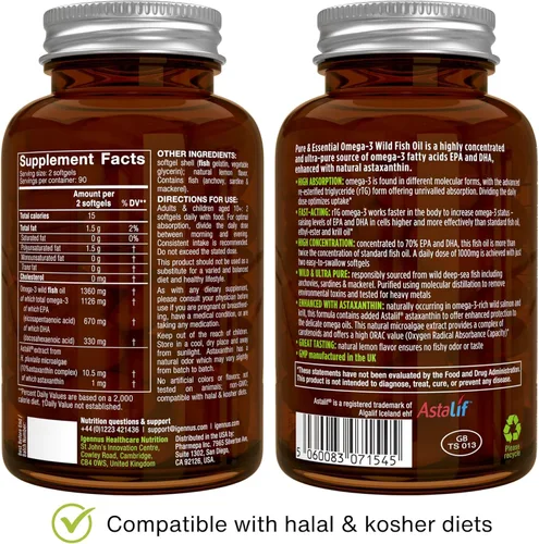 Miniatura 7 de Igennus - Aceite de pescado silvestre ultra puro Omega 3 Triglicérido rTG 1360 mg, certificado IFOS, EPA DHA 1000 mg más astaxantina, sin OMG