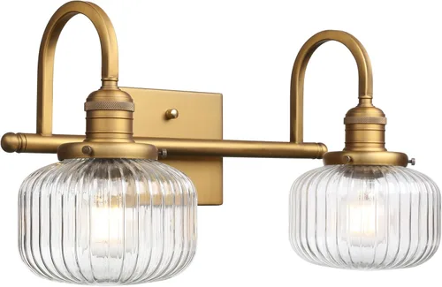 Miniatura 9 de Aplique de pared de vidrio de 2 luces con pantalla de globo a rayas transparentes, lámpara de pared de latón envejecido industrial para sala