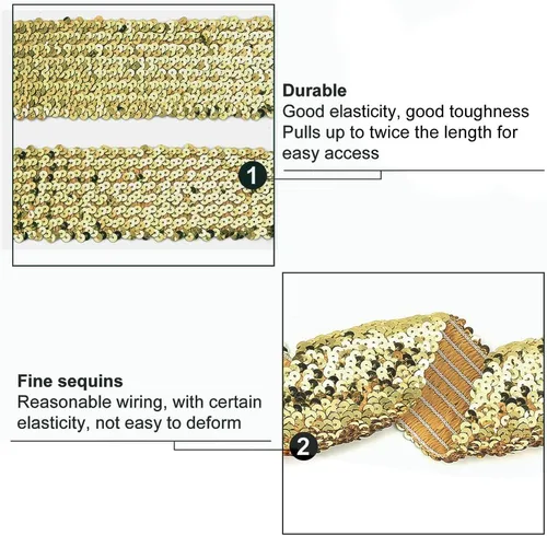 Miniatura 3 de FINGERINSPIRE Cinta de lentejuelas elásticas doradas de 5.5 yardas y 3 pulgadas de ancho, lentejuelas planas, ribete de encaje, cinta elástica Dorado